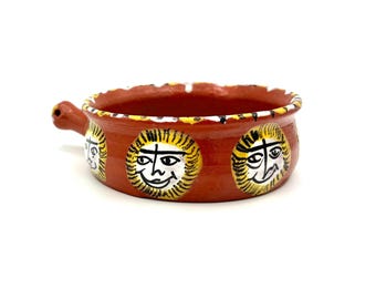Vintage Brown Pottery Sun Cabbage Soup Handled Pot Bowl Folk Art Italy / Retro Terra Cotta Sunshine Celestial Cup Succulents Planter