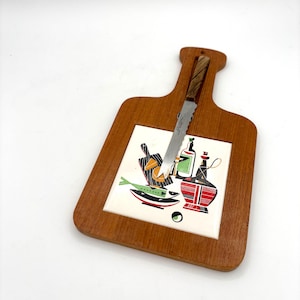 Vintage 60s Mid Century Modern Wood Board with Tile Cheese Knife Cracker Charcuterie Plate / Retro Party Host Appetizer Kitchen Decor