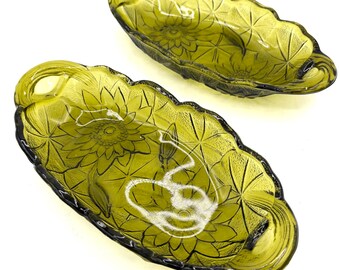 Vintage 60s Indiana Glass Green Lily Pons Relish Oval Dish Set / Retro Floral Sunflower Daisy Handled Cranberry Pickle Olives Bowl