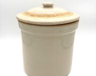 Vintage Tan Stoneware Primitive Lidded Crock Utensil Holder Planter Ceramic Canister Vase / Retro Kitchen Decor Glazed Pottery Vessel