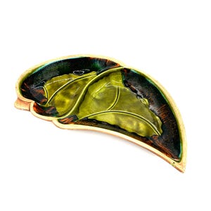 Plato de cerámica vintage de Santa Anita Ware de California con hojas esmaltadas en verde / Decoración de mesa de cocina retro brillante de otoño