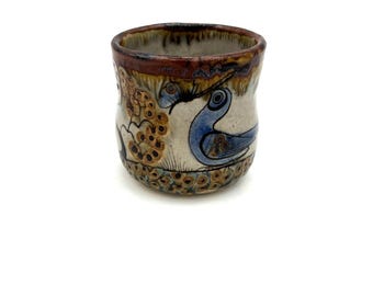 Vintage Bird and Tree Mexico Floral Pottery Grey Handpainted Stoneware Coffee Cup EACH / Retro Collectible Kitchen Beverage Drink Mug