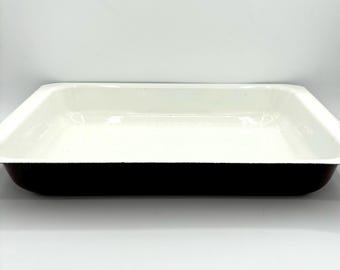 Vintage 60s Mid Century Modern Enamel White Brown Lasagna Casserole Baking Pan / Retro Cast Iron Oven Roaster Rectangle Dish Thanksgiving