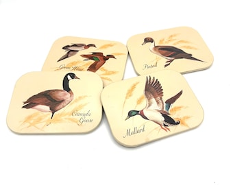 Vintage Farmhouse Mallard Duck Goose Bird Drinking Glass Coaster Decor Set / Retro Mid Century Living Room Coffee Table Kitchen Decor
