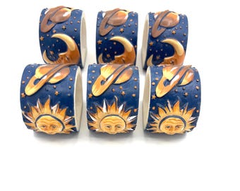 Vintage 90s Celestial Gold Moon and Sun Navy Ceramic Cloth Napkin Holders / Retro Planetary Print Dining Tabletop Decoration