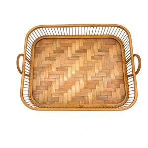 Vintage Mid Century Hippie Boho Bamboo Wood Rattan Woven Handled Small Serving Tray / Retro HandMade Japan MCM Trinket Junk Holder