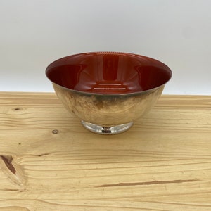 Vintage Reed and Barton Silver Plated Footed Pedestal Bowl with Orange Enamel Glaze / Retro Kitchen Fruit Tabletop Thanksgiving Holiday Bowl