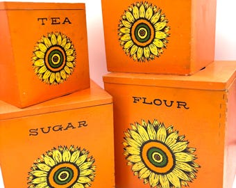 Vintage 70s Orange Wood with Yellow Floral Nesting Canister Set / Retro Flour Sugar Tea Coffee Kitchen Storage Container Set Tilso Japan