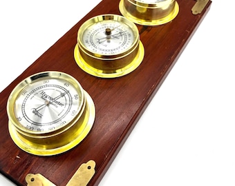 Vintage MCM Verichron Gold on Wood Weather Station Humidity Temperature Barometer / Retro Thermometer Pressure Gauge Wall Hanging Decor