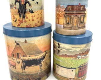 Vintage 80s Cottage Blue Top Farmhouse Theme Metal Tin Canister Set / Retro Lidded Containers Kitchen Flour Baking Trinkets Money Stash