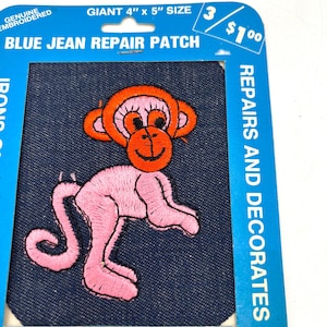 Vintage Groovy Pink Monkey Blue Denim Patch Sew On  / Floral Kitschy Retro Crafting Sewing Supply