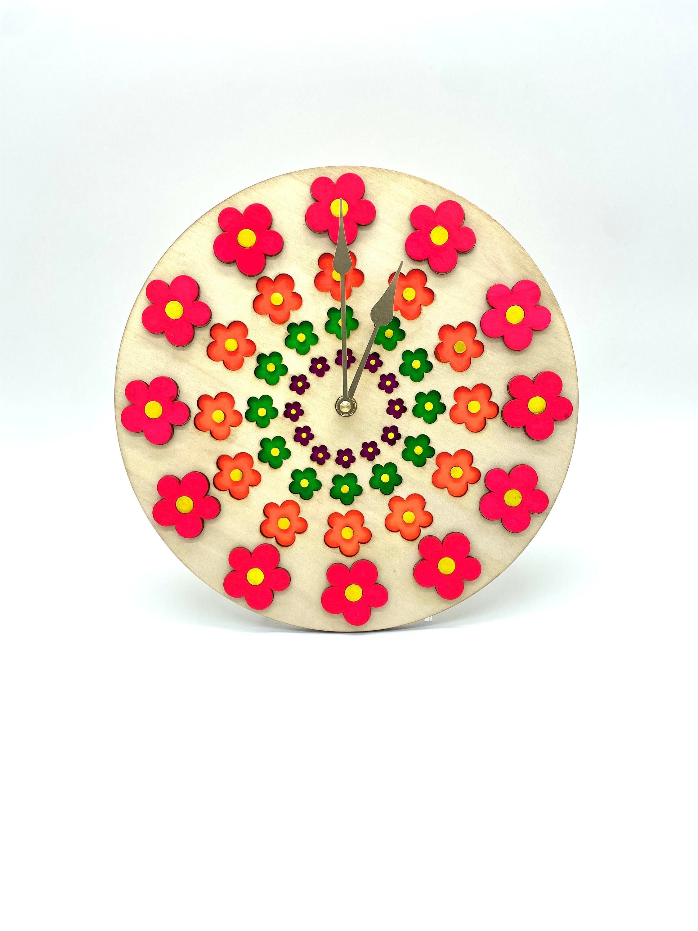 Fluorescent Neon Flower Power Retro 60s Wood Wall Clock / Groovy Funky Bright Daisy Hippie Decor