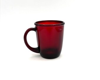 Vintage Ruby Red Glass Mug Coffee Tea Cup Arcoroc France / Mid Century Modern MCM Beverage Handled Drinking Glass