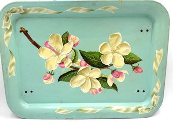 Vintage Blue Green Dogwood Flower Gold Filigree Metal Lap Bed TV Tray Folding Legs / Retro 70s Bedroom Home Decor