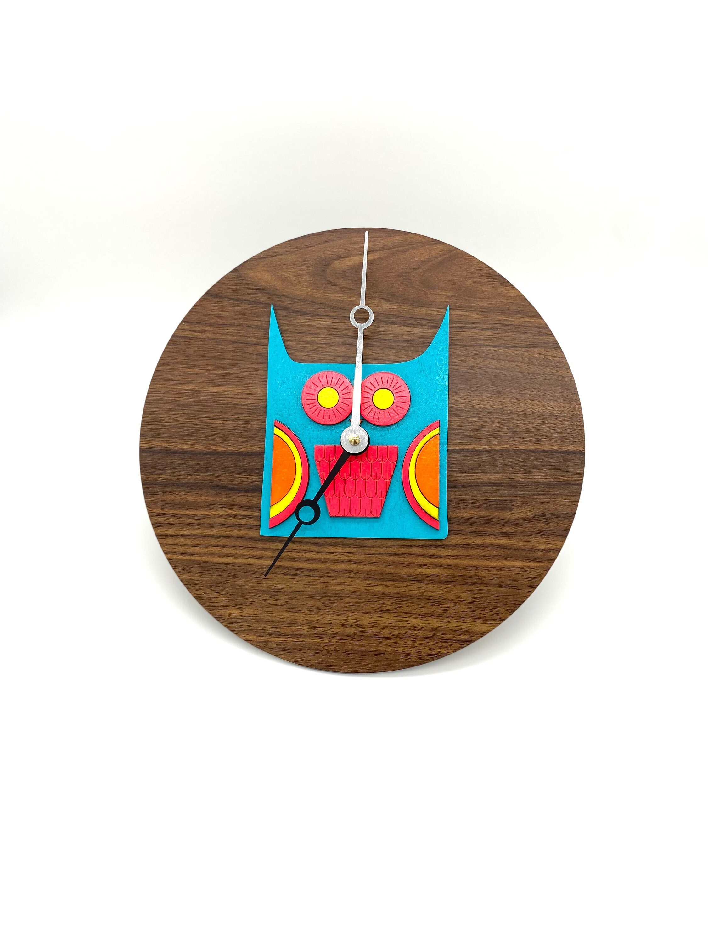 Handmade Neon Owl Bird Woodland Funky 60s Wood Wall Clock / Colorful Flourescent Unique Bird Animal 