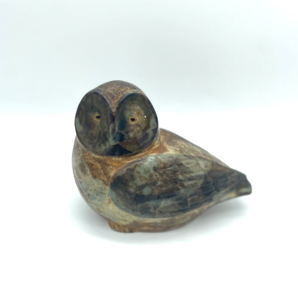 Vintage Mid Century Modern Ceramic Owl Brown Stoneware Figurine Scuplture / Retro MCM Folk Art Bird Animal Figure Statue Office Desk Decor