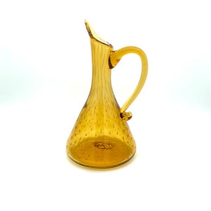 Vintage Rainbow Glass Amber Bubble Bullicante Pitcher Applied Handle West Virginia / Retro Hand Blown Gold Yellow Stretched Top Bottle