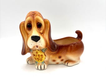 Vintage Ceramic Bassett Hound Dog Planter Figurine Trinket Holder / Retro MCM Collectible Puppy Dog Eyes Miss You Sign Home Decor