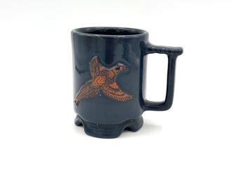 Vintage Retro Frankoma Dark Blue Pheasant Bird Stoneware Mug Coffee Cup / Collectible Unique Kitchen Decor Tea Beverage Drink Mug