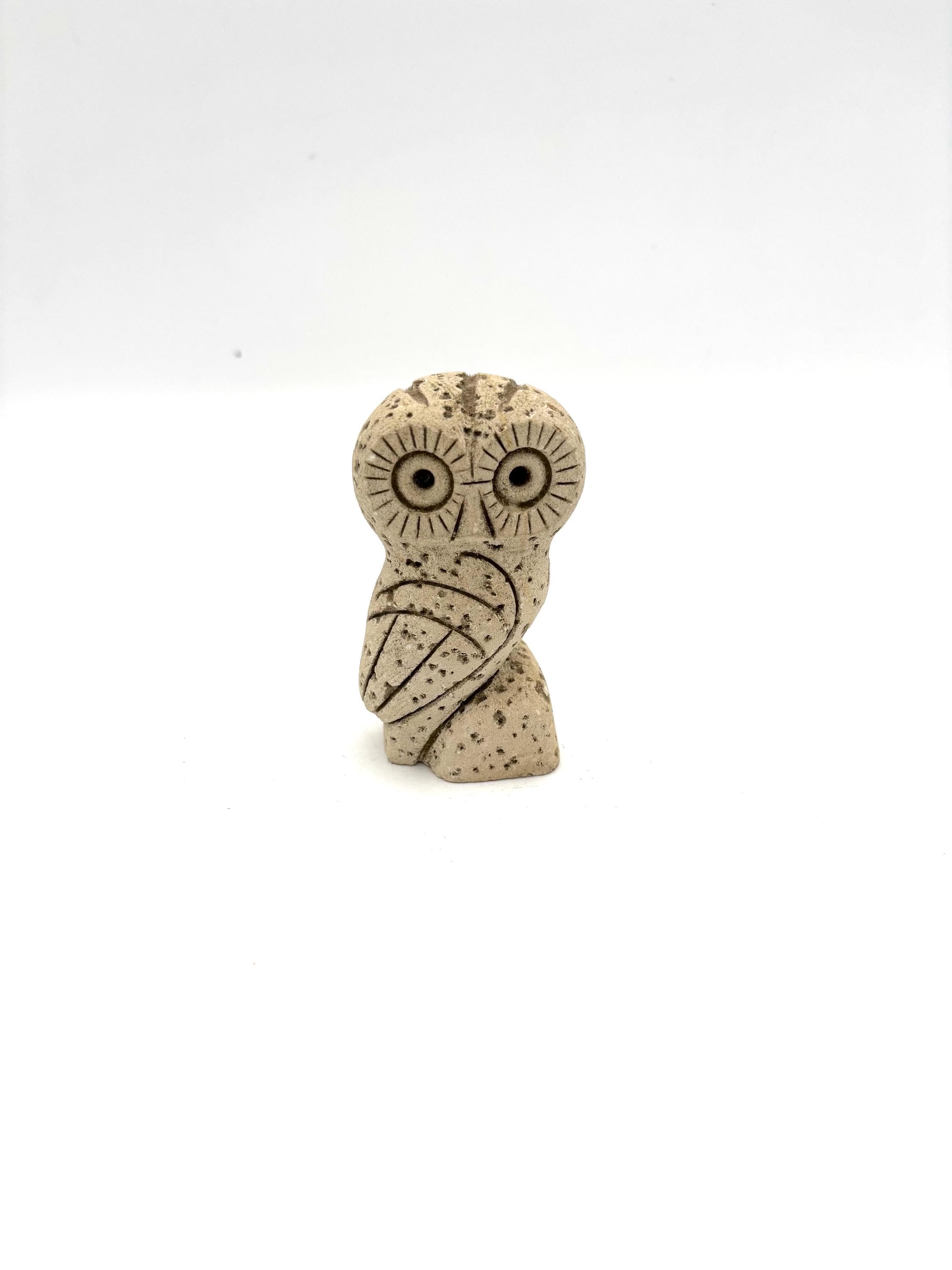 Vintage Mid Century Owl Stone Ceramic Figurine Shelf Sitter Greece / Retro MCM Bird Collectible Livi