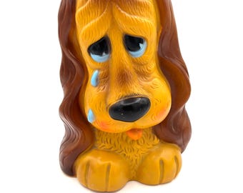 Vintage 70s Russ Berrie Co Crying Hound Dog Coin Bank Tears Piggy Bank / Retro Figurine Puppy Pooch Homeware Decor Gag Funny Gift