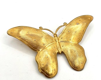 Spilla vintage anni '70 a forma di farfalla dorata testurizzata / Decorazione retrò floreale in ottone, ornamento per maglione e zaino