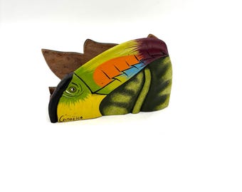 Vintage Carved Wood Folk Art Hand Painted Toucan Napkin Holder Costa Rica / Retro Colorful Bird Mail Holder Desk or Table Setting