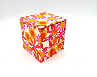 Vintage Handmade Yellow Orange Pink Groovy Flower Power Wood Small Jewelry Box / Retro 60s Hippie Boho Floral Trinket Bedroom Vanity Decor