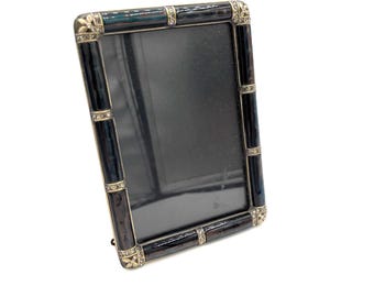 Vintage Metal Enamel Black Iridescent Rhinestone Photo Picture Frame / Retro Whimsigoth Albacore Style Decor Photograph Display