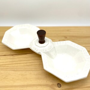 Vintage USA California Pottery White Divided Dish Wood Handle / Retro Unique Ceramic Serving Party Host Appetizer Dish