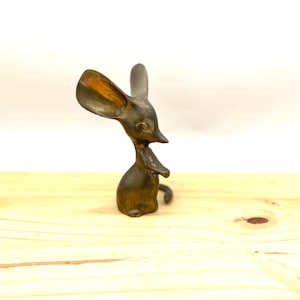 Vintage MCM Solid Brass Mouse Figurine Big Ear Shelf Sitter / Retro Mid Century Bronze Figure Statue Office Desk Paperweight