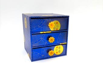 Handmade Vintage Blue Foil Yellow Sun Zodiac Celestial Wood Jewelry Box Drawer Daisy Knob / Retro 60s Hippie Boho Floral Trinket Bedroom Dec