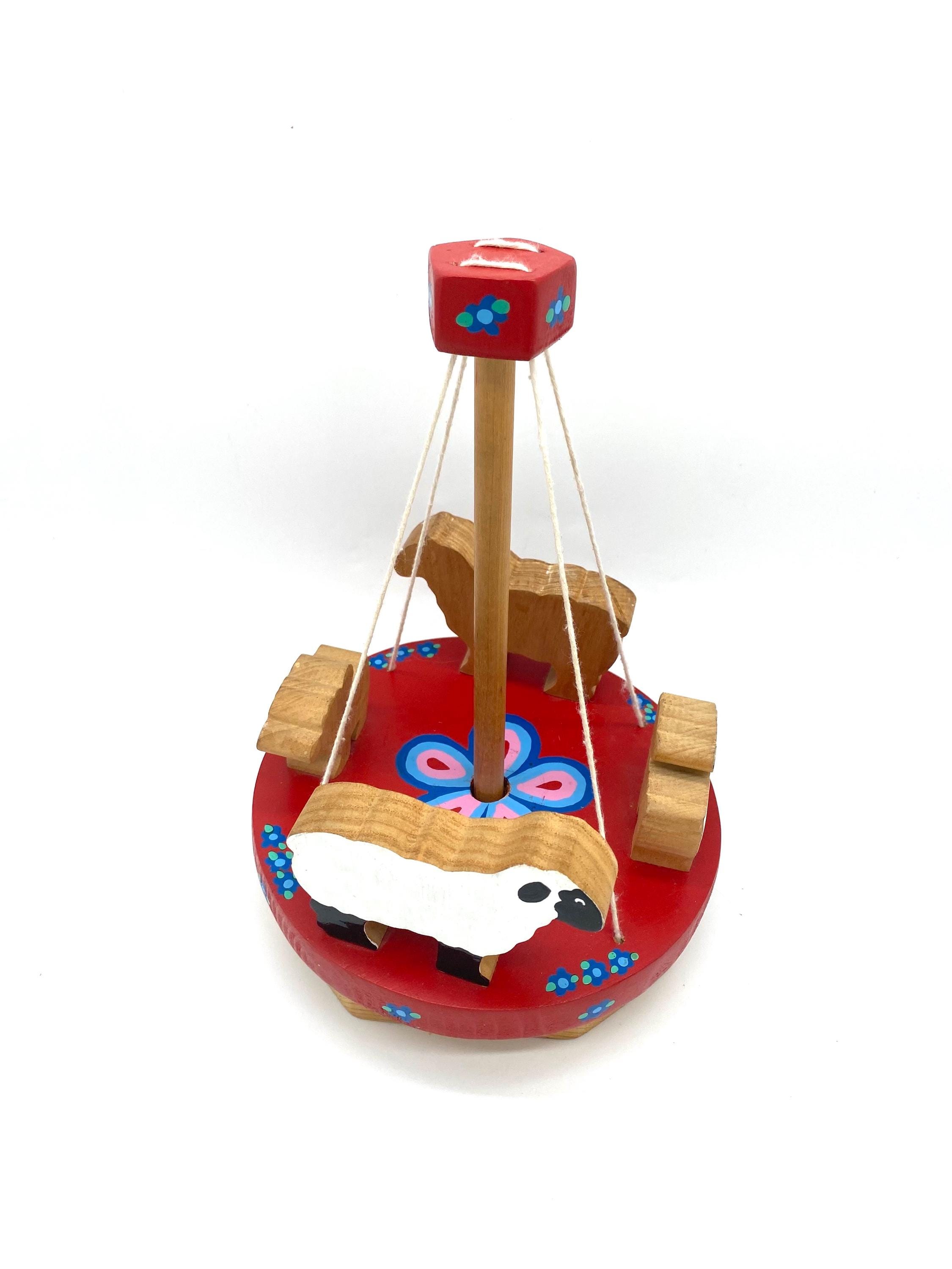 Toy Maypole Vintage Wooden Sheep Carousel Spin Kid Toy / Retro Handmade Lamb Farm ...