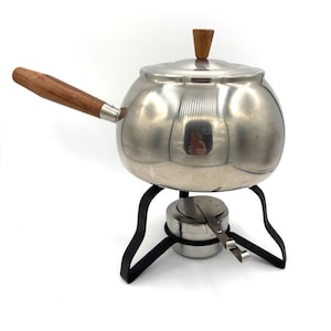 Vintage Mid Century Modern Stainless Steel Metal and Wood Handle Fondue Pot Set / Retro Covered Dish on Metal Stand with Warmer Party Host