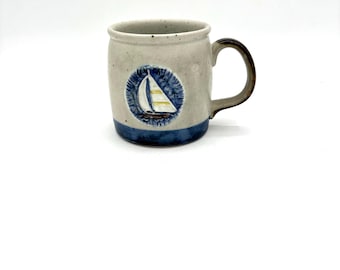 Vintage Retro Pottery White Speckle Stoneware Sailboat Small Coffee Cup / Collectible Unique Kitchen Decor Tea Beverage Drink Mug