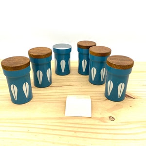 Tarros de especias vintage de mediados de siglo, estilo Cathrineholm, turquesa, azul y blanco, con tapas de madera, estilo retro MCM Noruega, para cocina y comedor.