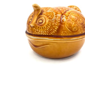May include: A ceramic owl-shaped container with a lid. The container is a warm brown color with a glossy finish. The owl's face is detailed with large eyes and a beak. The lid features decorative patterns. The container is likely used for storage or display.
