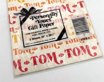Vintage 70s Red Orange Yeplow TOM Name Wrapping Paper Gift Wrap / Retro USA Unique Personalized Print
