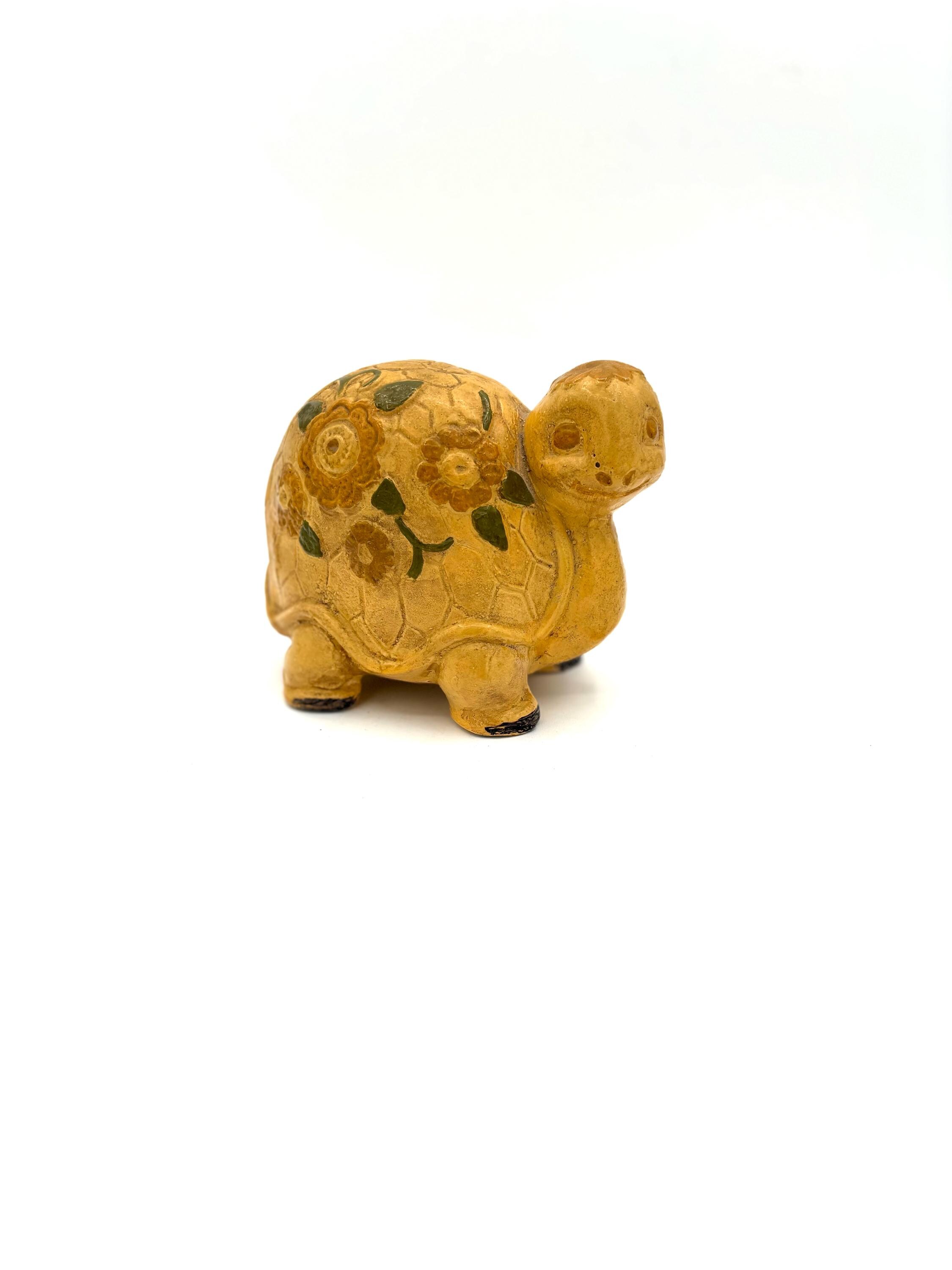 Vintage Chalkware Yellow Tortoise Turtle with Flowers Anthropomorphic Figurine / Retro Hippie Boho Paper Mache Figure Statue Desk Decor