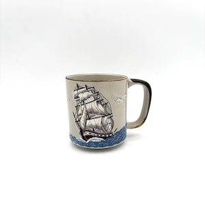 Vintage Retro Pottery White Speckle Stoneware  Sailboat Seagulls Large Coffee Cup / Collectible Unique Kitchen Decor Tea Beverage Drink Mug