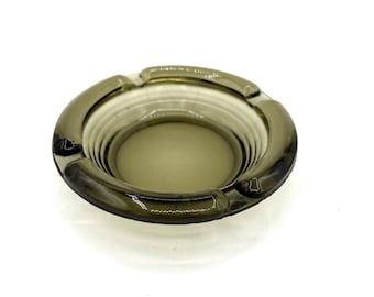 Vintage Smokey Green Glass Round Ashtray Trinket Dish / Retro Unique Jewlery Ring Holder Vanity Organizer