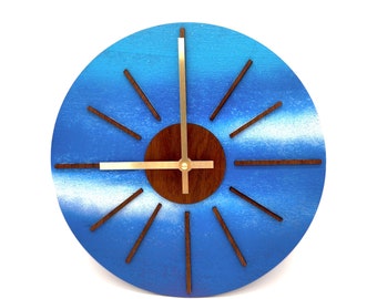 Blue Sky Ombre Geometric Sun Walnut Wall Clock / Hand Painted White Cloud California Sunshine Wood Decor / Baby Nursery Kids Room Clock