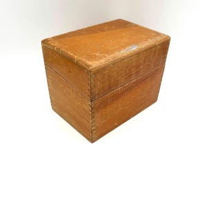 Vintage rustique chêne clair grain de bois ferme en bois boîte de recettes pour classeurs de fiches / décor de bureau de salle à manger de cuisine unique du milieu du siècle