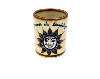 Vintage Mexico Pottery Handpainted Celestial Sun  Face Stoneware Coffee Tea Mug Guadalajara / Retro Collectible Kitchen Beverage Drink Cup
