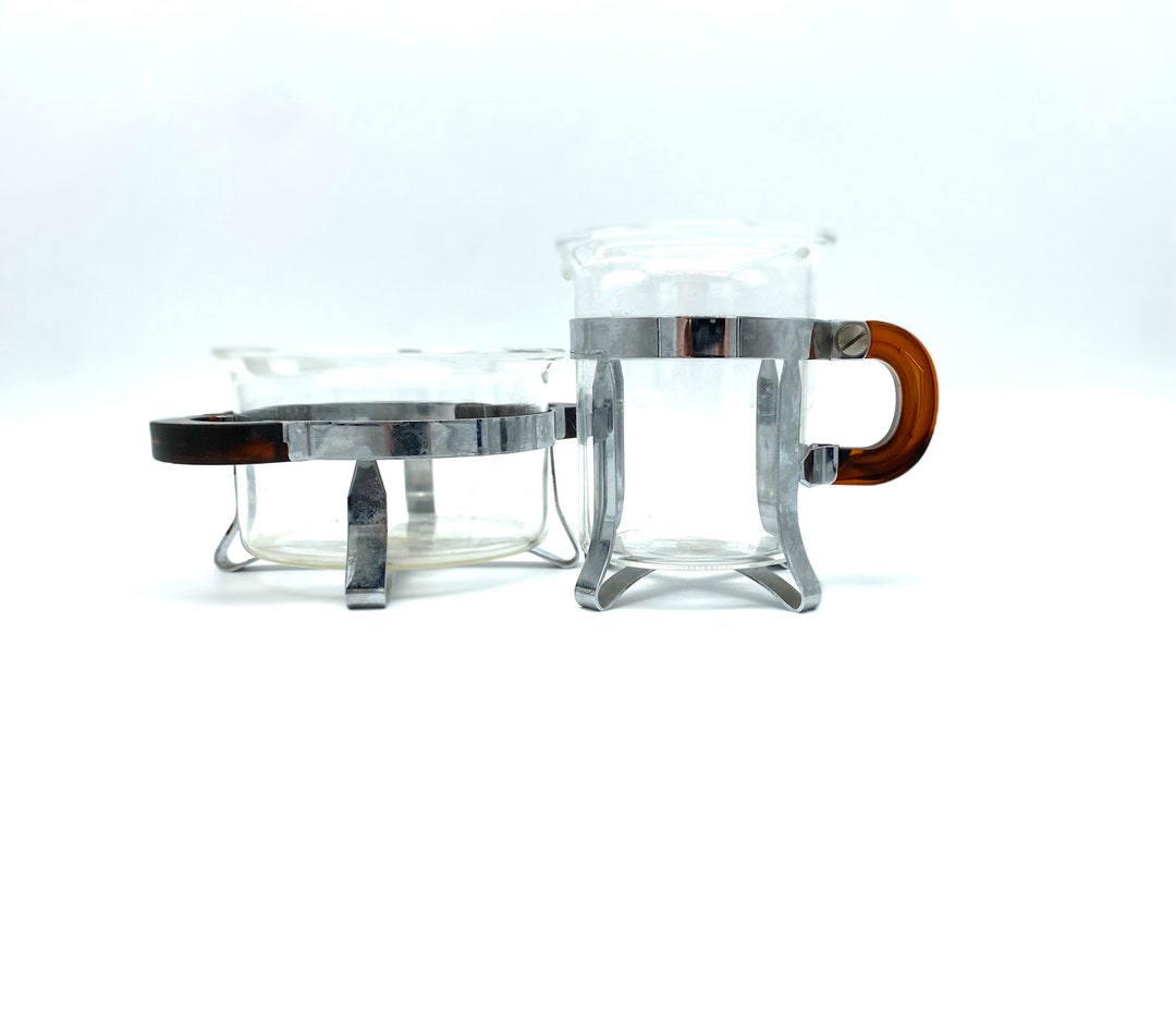 Vintage Bodum Chambord Open Sugar and Creamer Set / Retro Glass Chrome