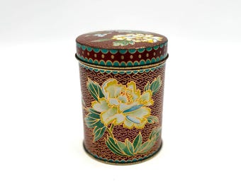 Vintage Retro Collectible Cloisonné Tall Brown and Yellow Flower Metal Tin / Gold Brass Floral Tea Container Made in Germany