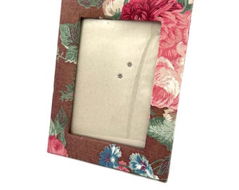 Cornice portafoto vintage grande con fiore rosa in tessuto marrone imbottito / Cornice da tavolo retrò anni '90 stile cottagecore femminile con fiore