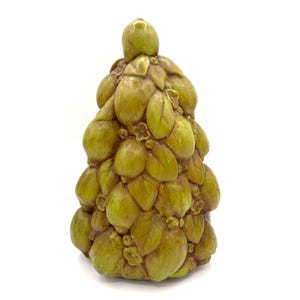 May include: An olive-green sculpture, resembling a pine cone, with a textured surface. The sculpture is made up of rounded shapes and leaf-like elements, with a small, rounded top. The piece is set against a white background.