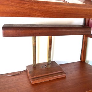 Vintage Mid Century Modern Teak Wood and Brass Bankers Electric Desk Lamp / Retro MCM Collectible Table Office Light Plug in