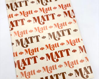Vintage 70s Brown Matt Name Wrapping Paper Gift Wrap / Retro USA Unique Personalized Print
